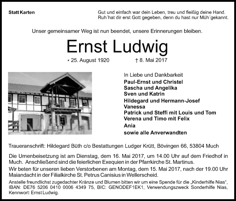  Traueranzeige für Ernst Ludwig vom 13.05.2017 aus Kölner Stadt-Anzeiger / Kölnische Rundschau / Express