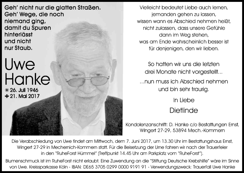  Traueranzeige für Uwe Hanke vom 31.05.2017 aus Kölner Stadt-Anzeiger / Kölnische Rundschau / Express
