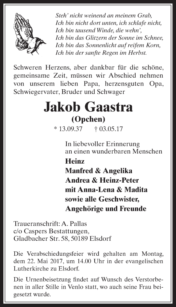  Traueranzeige für Jakob Gaastra vom 17.05.2017 aus  Werbepost 