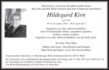 Anzeige von Hildegard Kirn von  Wochenende 