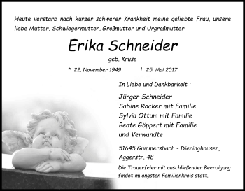 Anzeige von Erika Schneider von Kölner Stadt-Anzeiger / Kölnische Rundschau / Express