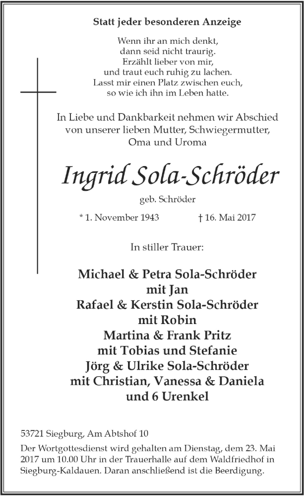  Traueranzeige für Ingrid Sola-Schröder vom 20.05.2017 aus  Rhein-Sieg-Wochenende 