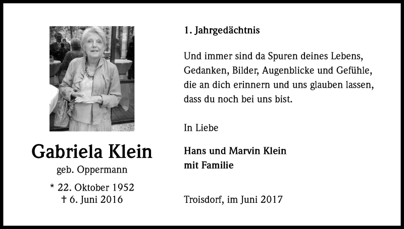  Traueranzeige für Gabriela Klein vom 22.05.2017 aus Kölner Stadt-Anzeiger / Kölnische Rundschau / Express