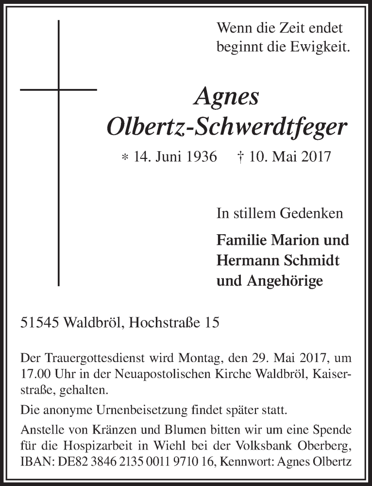  Traueranzeige für Agnes Olbertz-Schwerdtfeger vom 24.05.2017 aus  Lokalanzeiger 