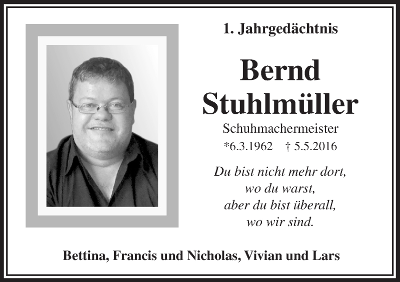  Traueranzeige für Bernd Stuhlmüller vom 03.05.2017 aus  Bergisches Handelsblatt 
