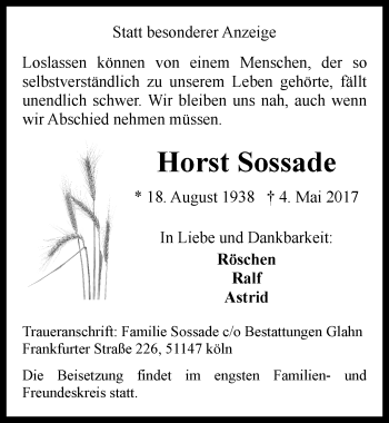 Anzeige von Horst Sossade von  Kölner Wochenspiegel 