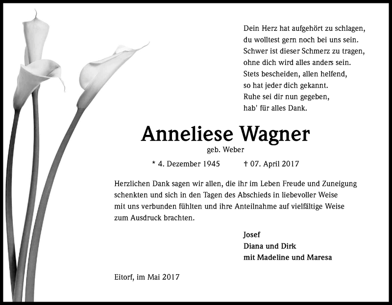  Traueranzeige für Anneliese Wagner vom 06.05.2017 aus Kölner Stadt-Anzeiger / Kölnische Rundschau / Express