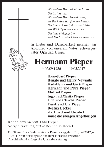 Anzeige von Hermann Pieper von  Schaufenster/Blickpunkt  Schlossbote/Werbekurier 