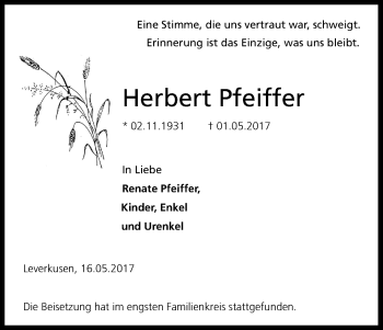 Anzeige von Herbert Pfeiffer von Kölner Stadt-Anzeiger / Kölnische Rundschau / Express
