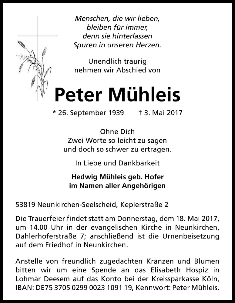  Traueranzeige für Peter Mühleis vom 06.05.2017 aus Kölner Stadt-Anzeiger / Kölnische Rundschau / Express