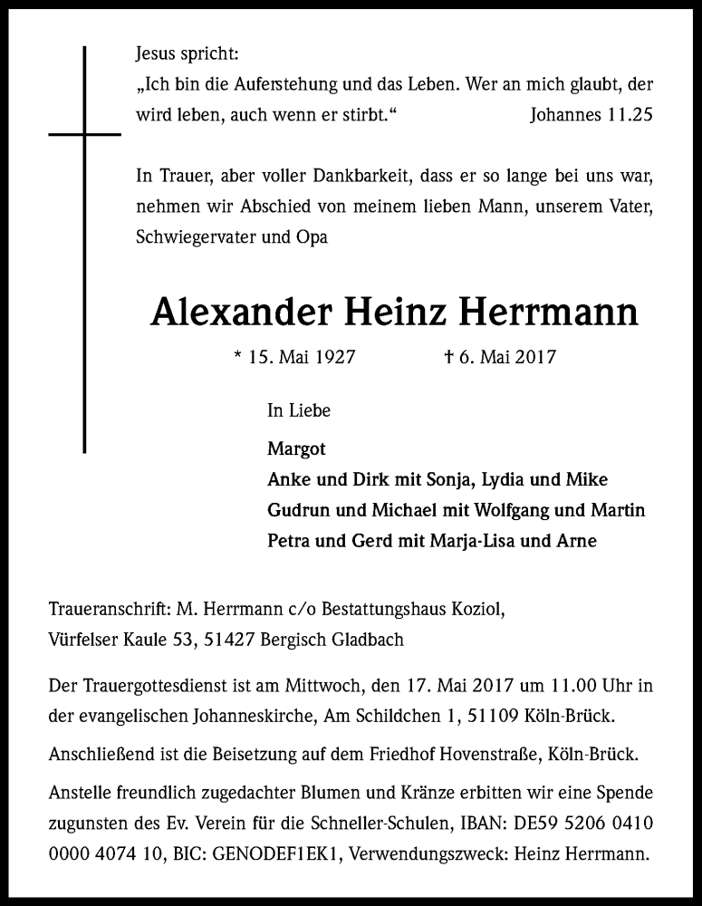  Traueranzeige für Alexander Heinz Herrmann vom 11.05.2017 aus Kölner Stadt-Anzeiger / Kölnische Rundschau / Express