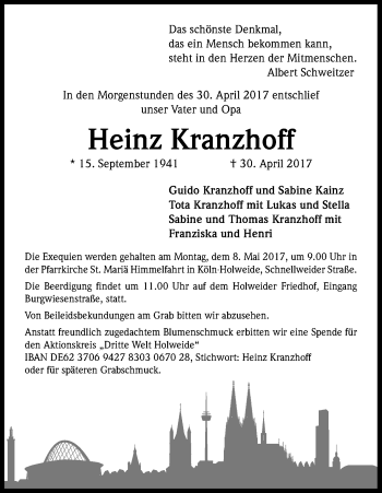 Anzeige von Heinz Kranzhoff von Kölner Stadt-Anzeiger / Kölnische Rundschau / Express
