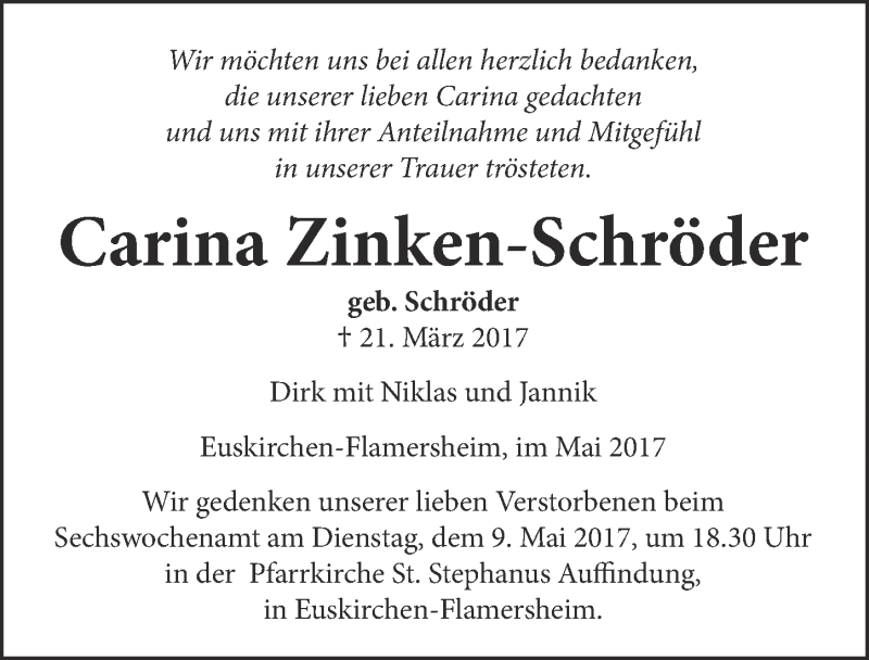  Traueranzeige für Carina Zinken-Schröder vom 06.05.2017 aus  Blickpunkt Euskirchen 