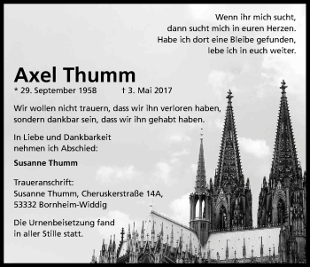 Anzeige von Axel Thumm von Kölner Stadt-Anzeiger / Kölnische Rundschau / Express
