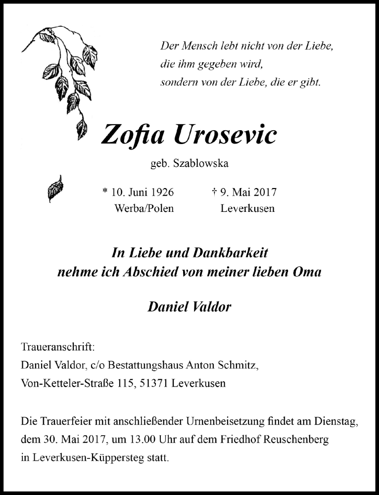  Traueranzeige für Zofia Urosevic vom 24.05.2017 aus  Lokale Informationen 
