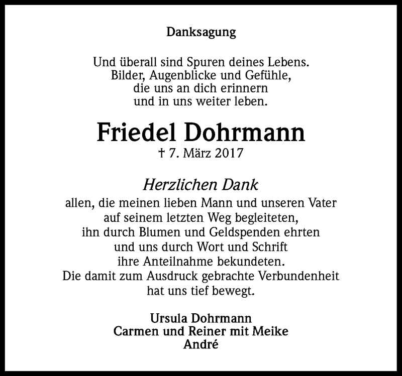  Traueranzeige für Friedel Dohrmann vom 16.05.2017 aus Kölner Stadt-Anzeiger / Kölnische Rundschau / Express