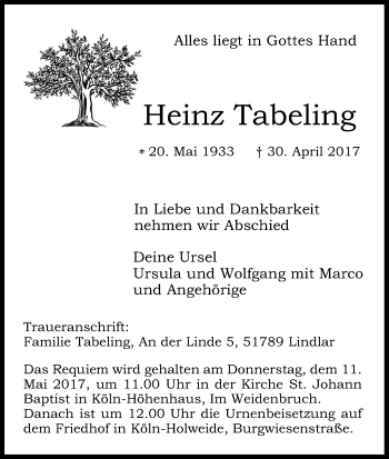 Anzeige von Heinz Tabeling von Kölner Stadt-Anzeiger / Kölnische Rundschau / Express