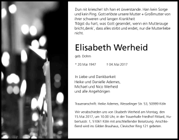 Anzeige von Elisabeth Werheid von Kölner Stadt-Anzeiger / Kölnische Rundschau / Express