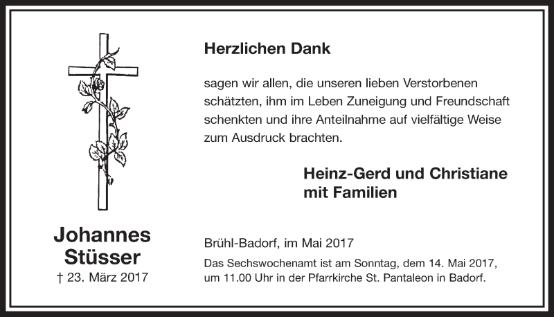  Traueranzeige für Johannes Stüsser vom 03.05.2017 aus  Schlossbote/Werbekurier 