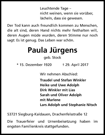 Anzeige von Paula Jürgens von Kölner Stadt-Anzeiger / Kölnische Rundschau / Express