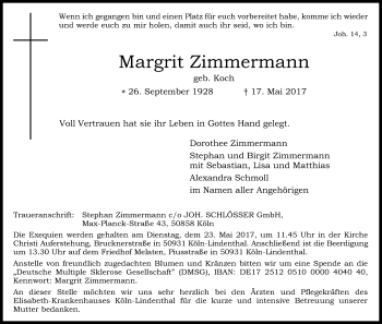 Anzeige von Margrit Zimmermann von Kölner Stadt-Anzeiger / Kölnische Rundschau / Express