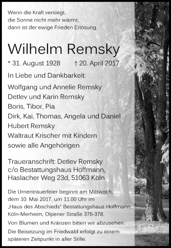 Anzeige von Wilhelm Remsky von Kölner Stadt-Anzeiger / Kölnische Rundschau / Express