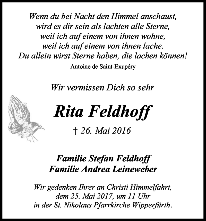  Traueranzeige für Rita Feldhoff vom 20.05.2017 aus Kölner Stadt-Anzeiger / Kölnische Rundschau / Express