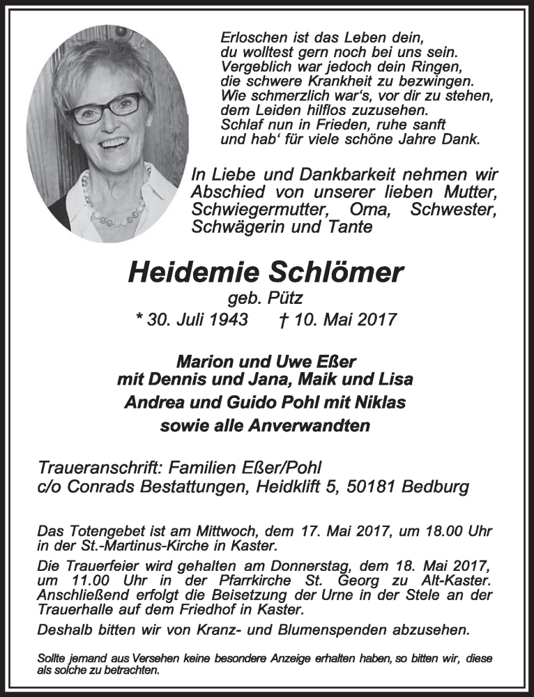  Traueranzeige für Heidemie Schlömer vom 13.05.2017 aus  Sonntags-Post 