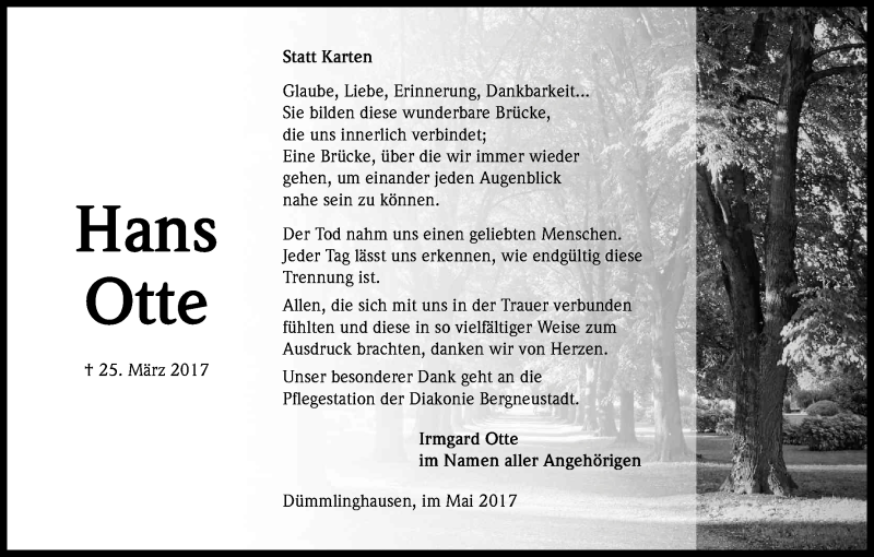  Traueranzeige für Hans Otte vom 03.05.2017 aus Kölner Stadt-Anzeiger / Kölnische Rundschau / Express