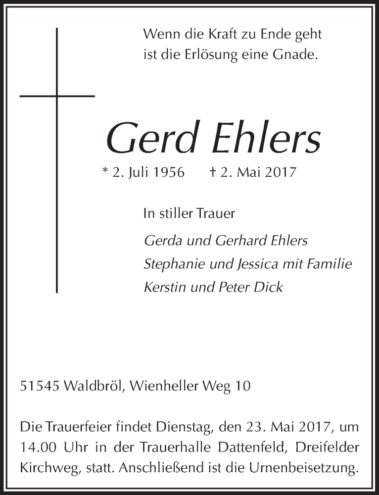  Traueranzeige für Gerd Ehlers vom 17.05.2017 aus  Lokalanzeiger 