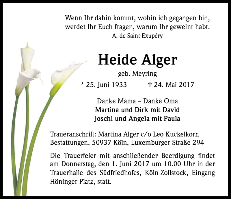  Traueranzeige für Heide Alger vom 30.05.2017 aus Kölner Stadt-Anzeiger / Kölnische Rundschau / Express