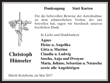 Anzeige von Christoph Hünseler von  Wochenende 