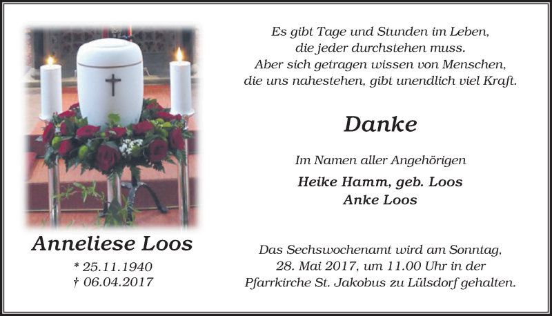  Traueranzeige für Anneliese Loos vom 17.05.2017 aus  Extra Blatt 