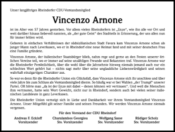 Anzeige von Vincenzo Arnone von Kölner Stadt-Anzeiger / Kölnische Rundschau / Express