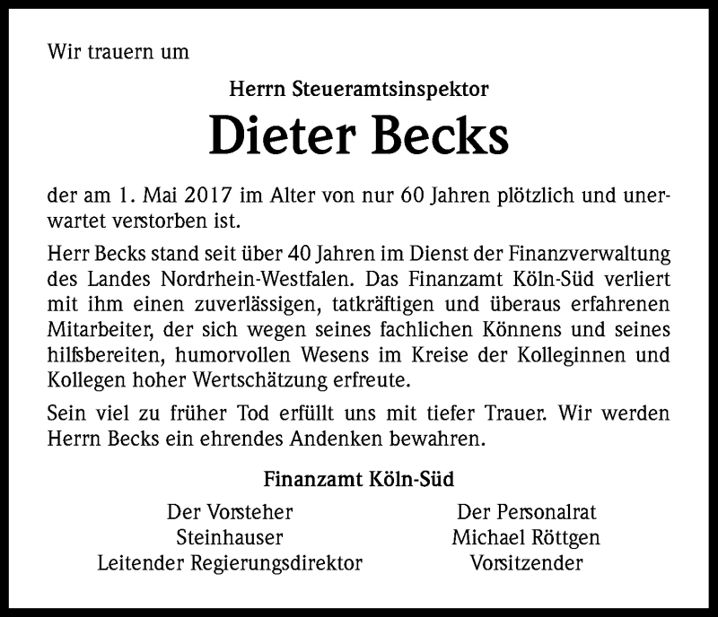  Traueranzeige für Dieter Becks vom 13.05.2017 aus Kölner Stadt-Anzeiger / Kölnische Rundschau / Express