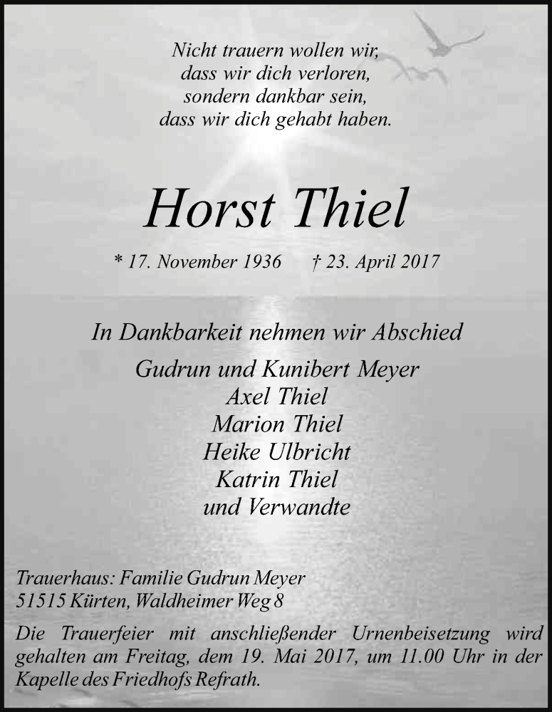  Traueranzeige für Horst Thiel vom 19.05.2017 aus Kölner Stadt-Anzeiger / Kölnische Rundschau / Express