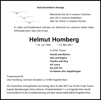 Anzeige von Helmut Homberg von Kölner Stadt-Anzeiger / Kölnische Rundschau / Express