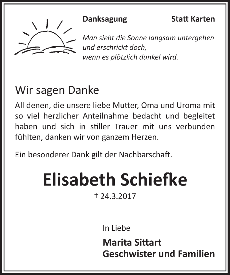  Traueranzeige für Elisabeth Schiefke vom 03.05.2017 aus  Schlossbote/Werbekurier 