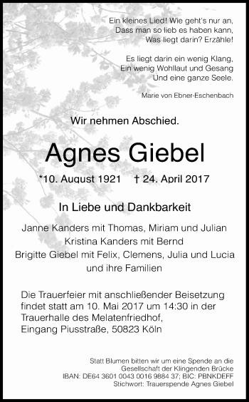 Anzeige von Agnes Giebel von Kölner Stadt-Anzeiger / Kölnische Rundschau / Express