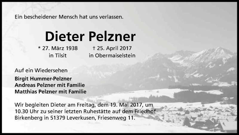  Traueranzeige für Dieter Pelzner vom 06.05.2017 aus Kölner Stadt-Anzeiger / Kölnische Rundschau / Express