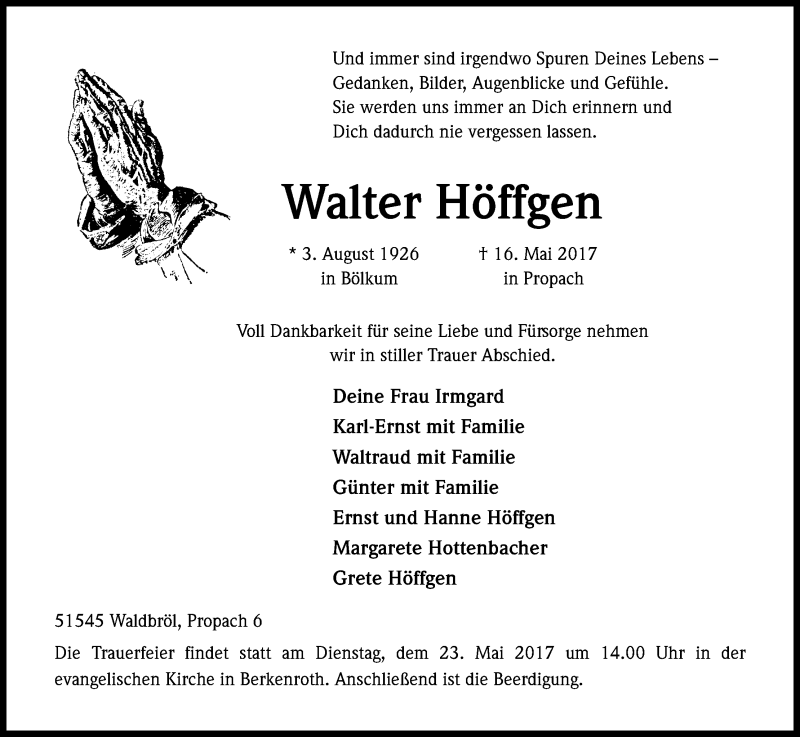  Traueranzeige für Walter Höffgen vom 20.05.2017 aus Kölner Stadt-Anzeiger / Kölnische Rundschau / Express