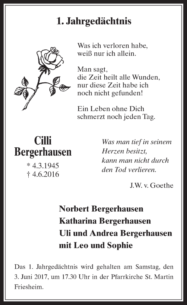  Traueranzeige für Cilli Bergerhausen vom 18.07.2023 aus  Werbepost 