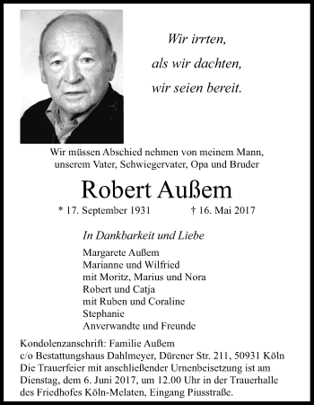 Anzeige von Robert Außem von Kölner Stadt-Anzeiger / Kölnische Rundschau / Express