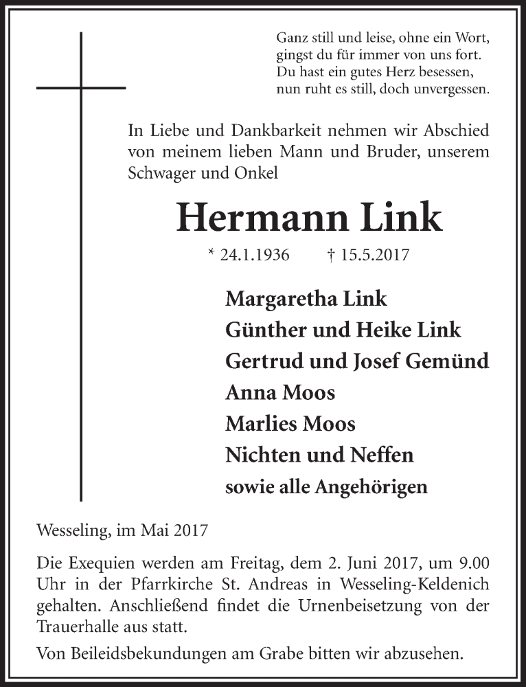  Traueranzeige für Hermann Link vom 31.05.2017 aus  Schlossbote/Werbekurier 