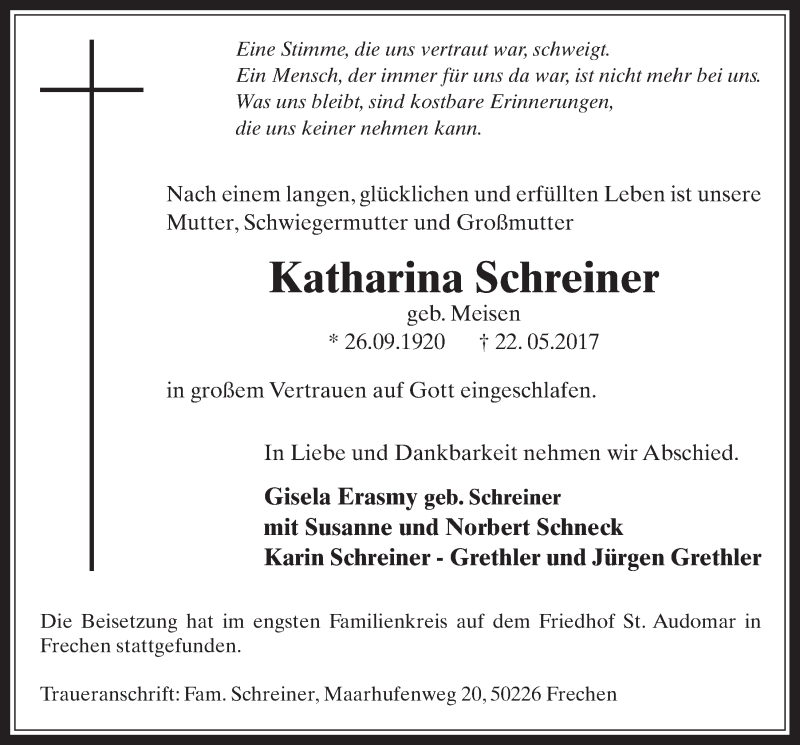  Traueranzeige für Katharina Schreiner vom 31.05.2017 aus  Wochenende 
