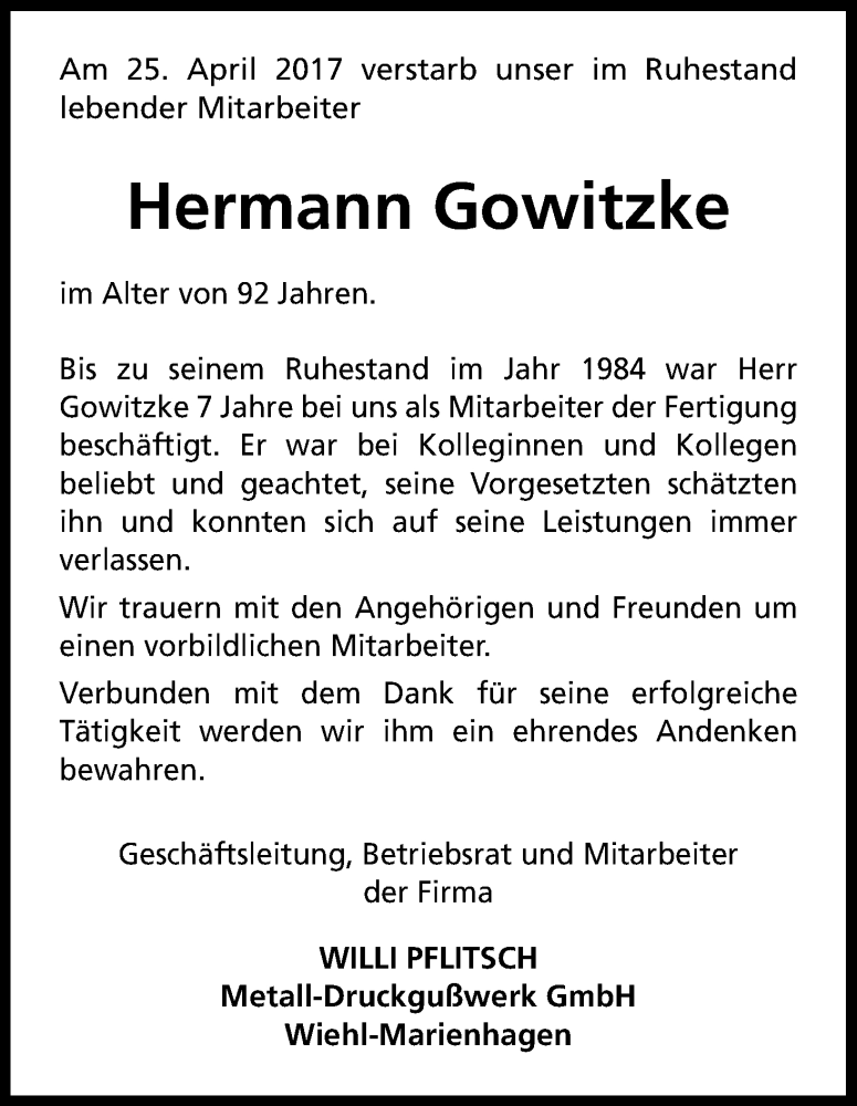  Traueranzeige für Hermann Gowitzke vom 08.05.2017 aus Kölner Stadt-Anzeiger / Kölnische Rundschau / Express