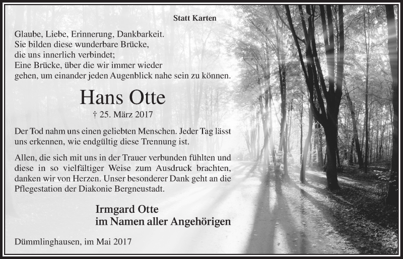  Traueranzeige für Hans Otte vom 03.05.2017 aus  Anzeigen Echo 