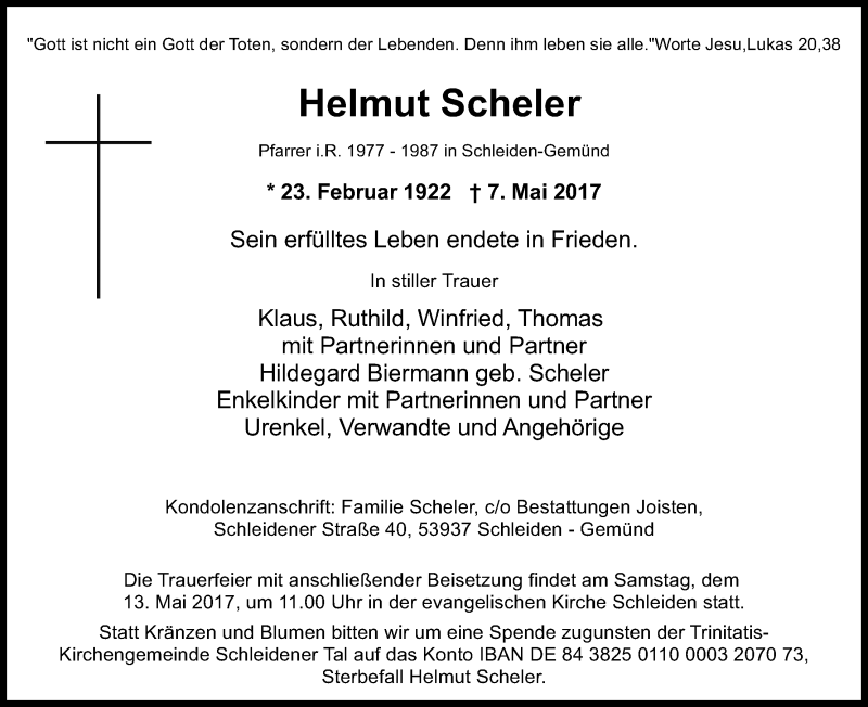  Traueranzeige für Helmut Scheler vom 10.05.2017 aus Kölner Stadt-Anzeiger / Kölnische Rundschau / Express