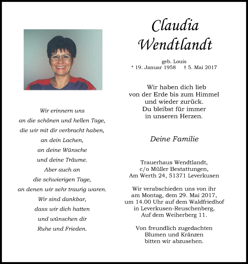  Traueranzeige für Claudia Wendtlandt vom 24.05.2017 aus Kölner Stadt-Anzeiger / Kölnische Rundschau / Express