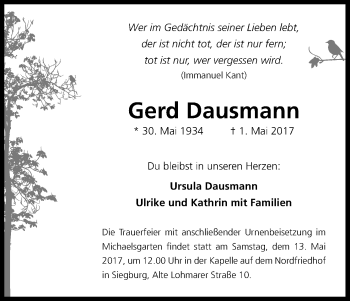 Anzeige von Gerd Dausmann von Kölner Stadt-Anzeiger / Kölnische Rundschau / Express